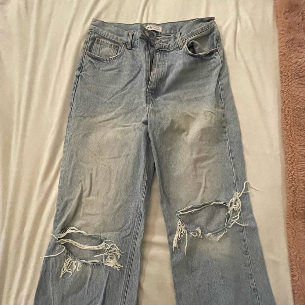 Zara High Waisted Light Wash Ripped Jeans